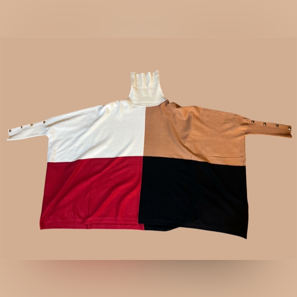 JM Collection Petite Turtleneck Color Bloqued Buttom Trim Poncho Sweater - Picture 2 of 9
